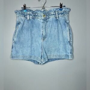 Zara Denim Paperbag Shorts Womens 10 Blue High Waist Elastic Relaxed Fit Casual